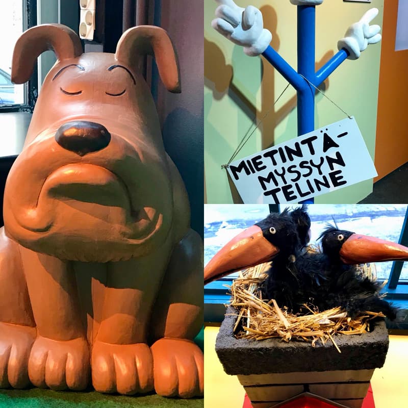 A talking dog, a thinking cap stand and the thinking cap itself.